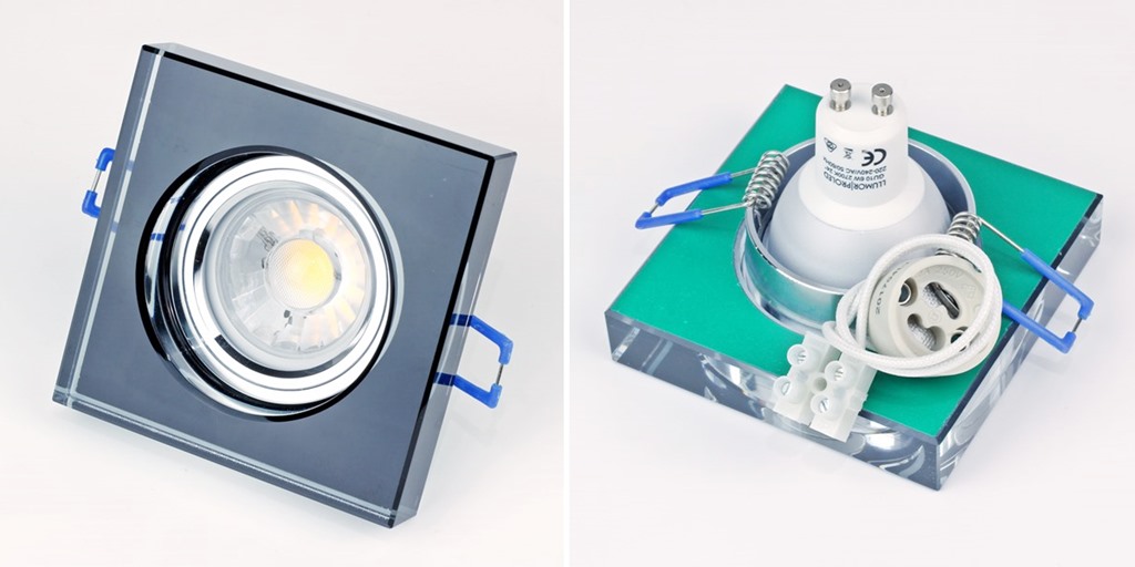 Ejemplo con bombilla MR16 montada en aro cristal cuadrado