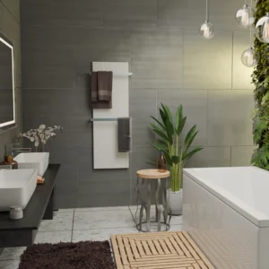 Panel radiante de cristal como toallero en baño