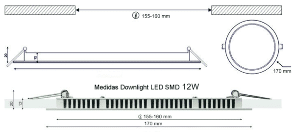Dimensiones Downlight LED SMD 12W 170mm