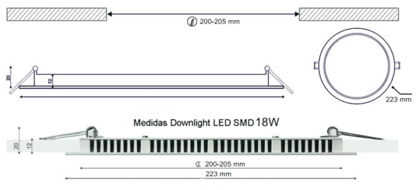 Dimensiones Downlight LED SMD 18W 223mm