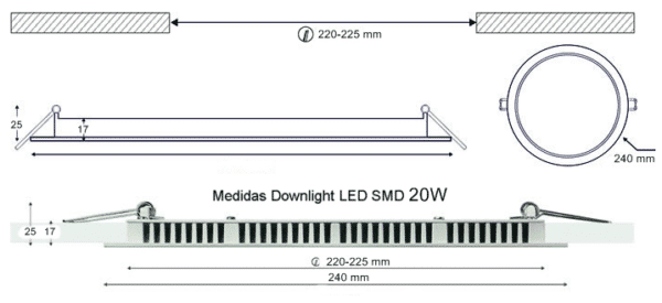 Dimensiones Downlight LED SMD 20W 240mm