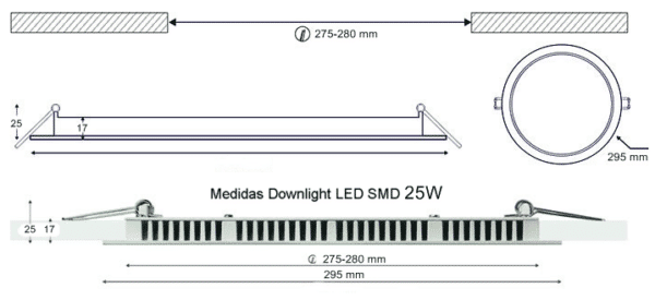 Dimensiones Downlight LED SMD 25W 295mm
