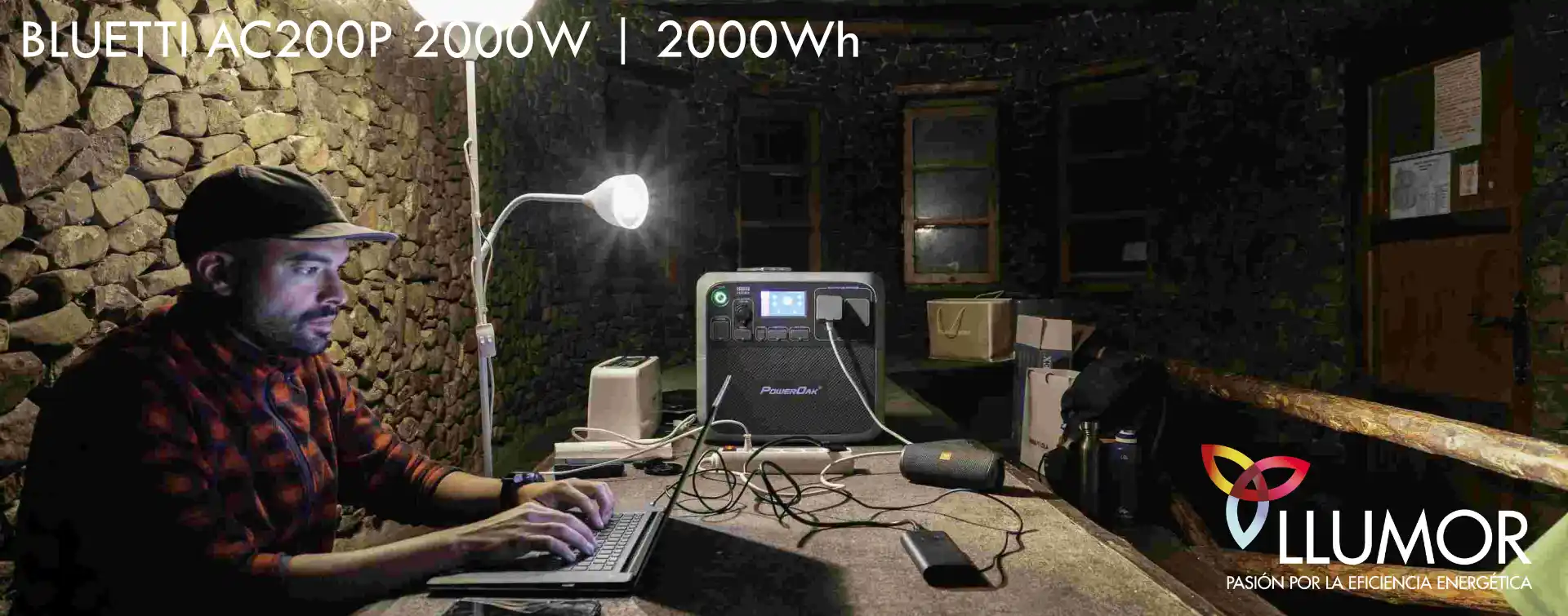 Generador solar BLUETTI AC200P aplicación en cabaña
