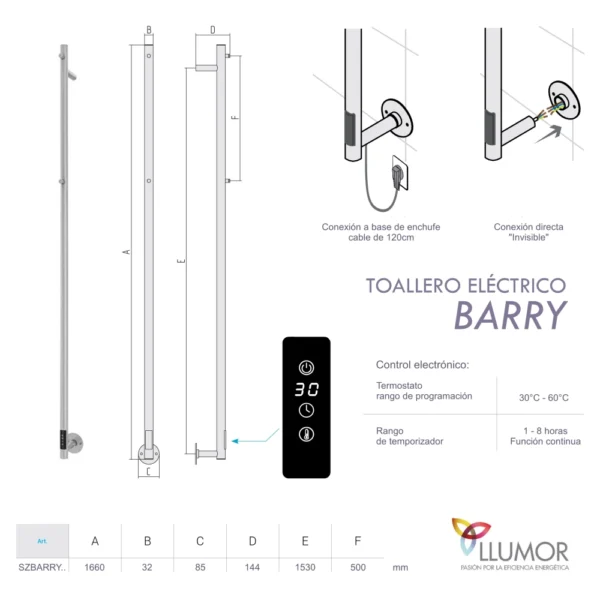 Medidas y detalles conexión toallero BARRY